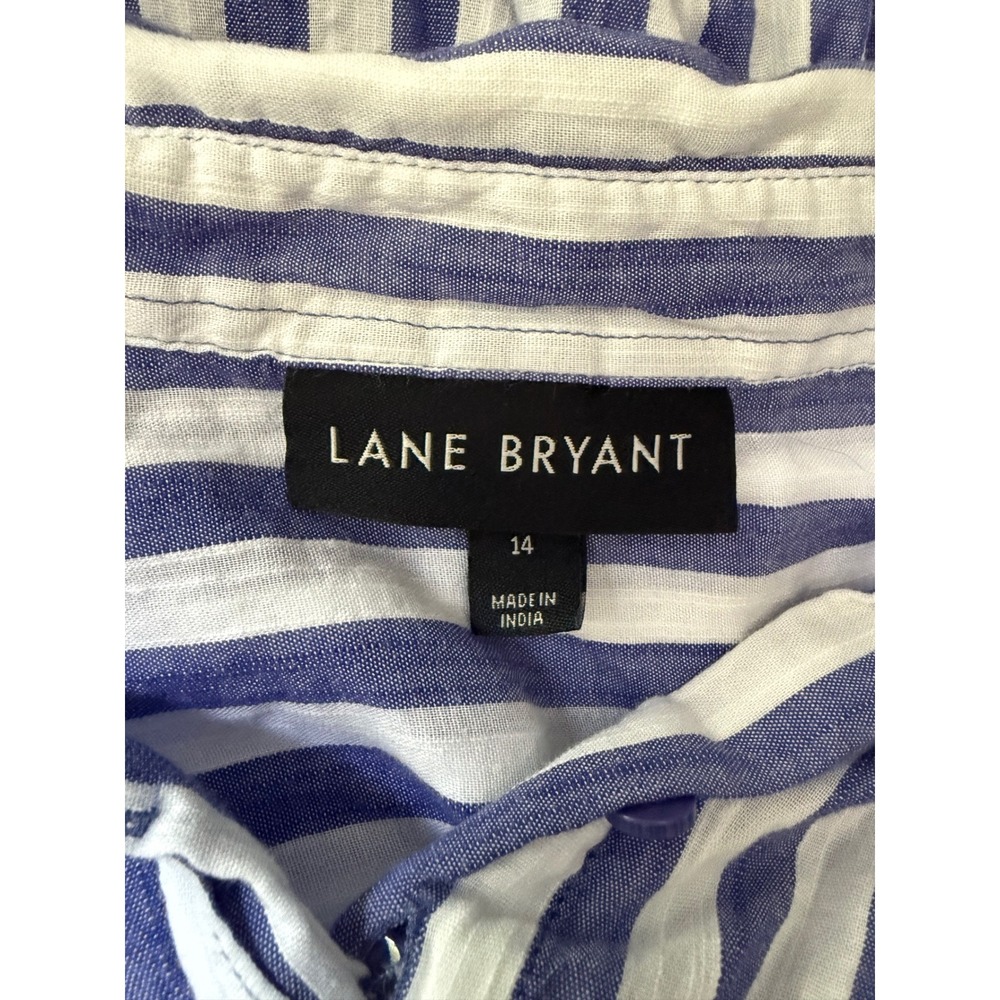 Lane Bryant Women 14 Blue White Striped Button Down Tie Front Short Sleeve Shirt - Picture 6 of 8